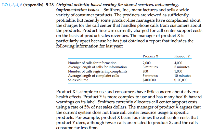 Machine generated alternative text: b (Appendix) 5-28 Original activity-based costing for shared services, outsourcing,
implementation issues Smithers, Inc., manufactures and sells a wide
variety of consumer products. The products are viewed as sufficiently
profitable, but recently some product-line managers have complained about
the charges for the call center that handles phone calls from customers about
the products. Product lines are currently charged for call center support costs
on the basis of product sales revenues. The manager of product X is
particularly upset because he has just obtained a report that includes the
following information for last year:
Piooucr X PRooucr Y
Number of calls for information 2,000 4,000
Average length of calls for information 3 minutes 5 minutes
Number of calls registering complaints 200 1,000
Average length of complaint calls 5 minutes 10 minutes
Sales volume $400,000 $100,000
Product X is simple to use and consumers have little concern about adverse
health effects. Product Y is more complex to use and has many health hazard
warnings on its label. Smithers currently allocates call center support costs
using a rate of 5% of net sales dollars. The manager of product X argues that
the current system does not trace call center resource usage to specific
products. For example, product X bears four times the call center costs that
product Y does, although fewer calls are related to product X, and the calls
consume far less time.